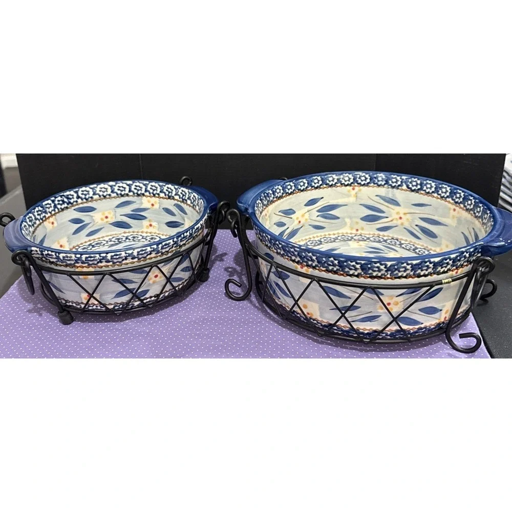 Temptations Old World Blue Round Baking‎ Casserole 1 And 2 Quart Set 2 Wire Rack